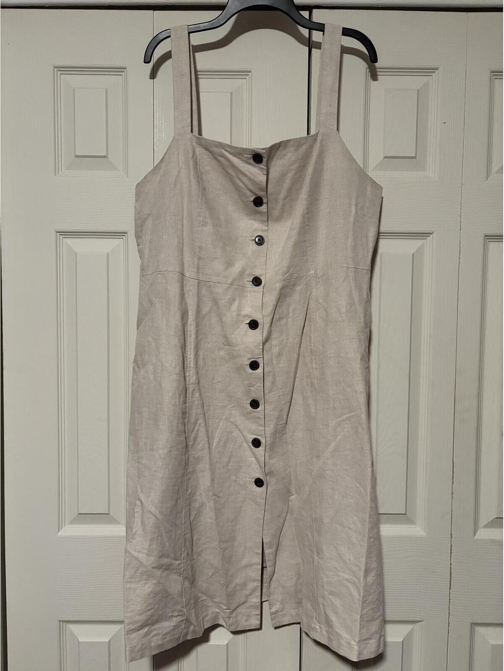 GAP Linen Blend Button Front Dress Natural Beige Sleeveless Summer Midi